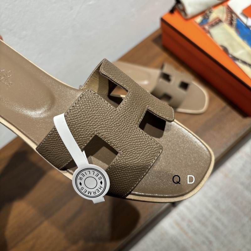 Leather Slip-on Sandals Khaki
