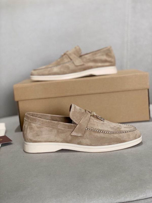 Beige Suede Penny Loafers